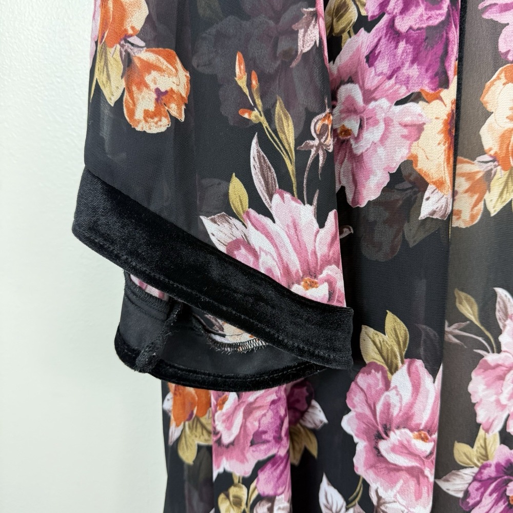 Torrid Pink Floral Black Velvet‎ Trim Chiffon Duster Open Kimono Boho Layers 4X - Picture 5 of 9